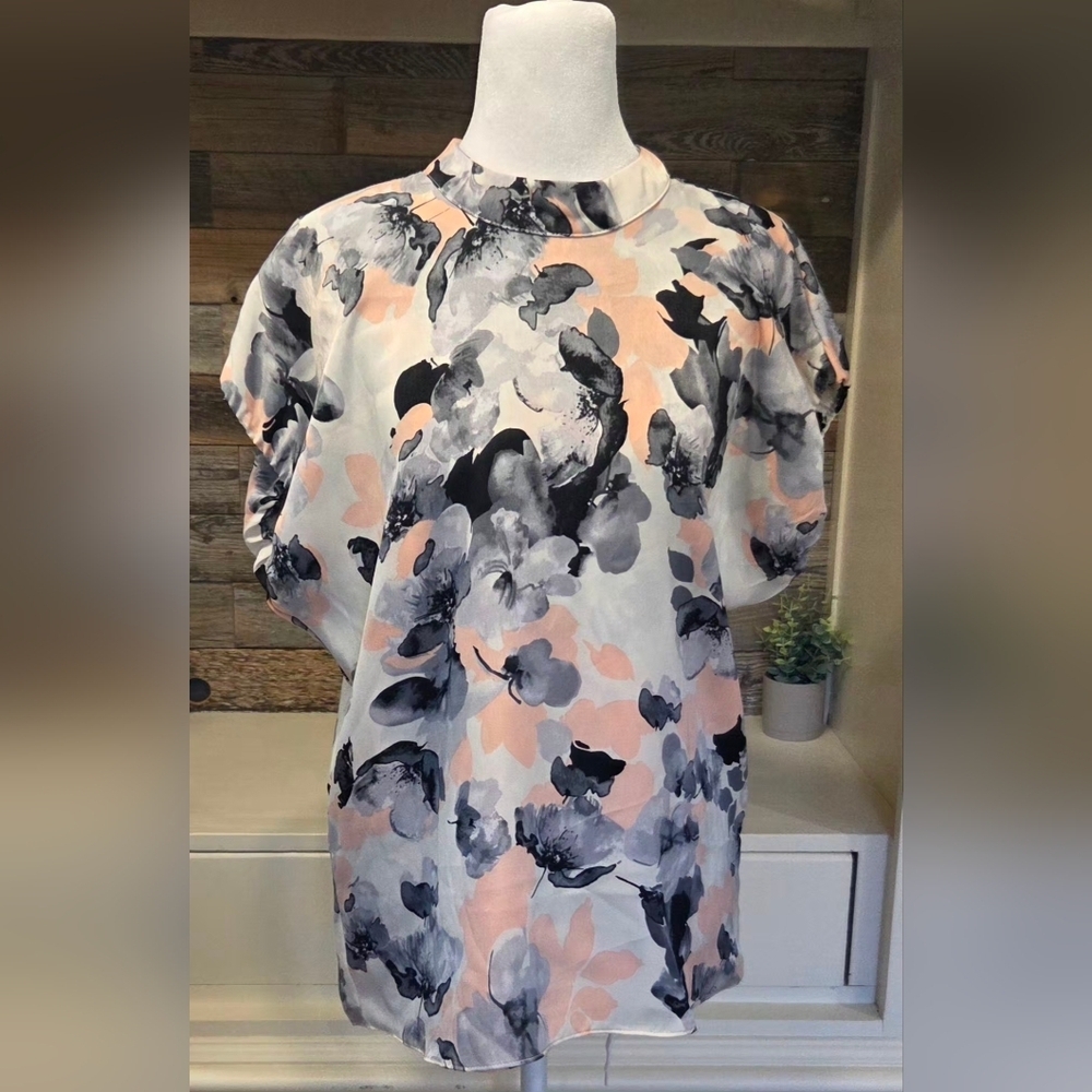 Misa Los Angeles GORGEOUS! White, Pink, Gray & Blk Floral Cowl Neck Blouse W/Tie